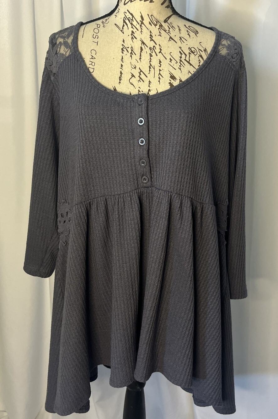 Torrid Blue Waffle Knit Lace Trim Babydoll Peplum Thermal Top Women's Plus 2X